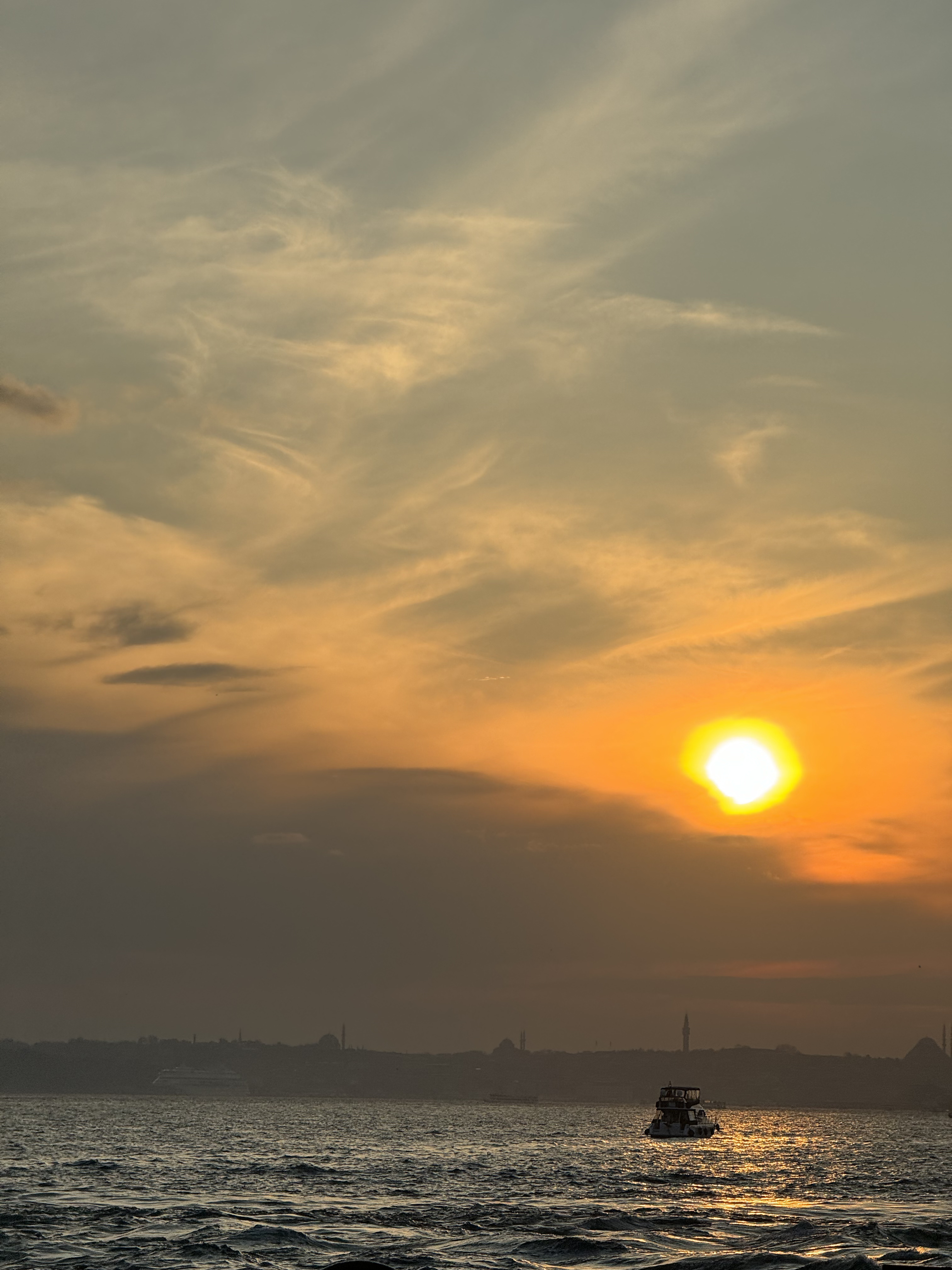 İstanbul'da altın rengi bir günbatımında gemi ve martı silüeti